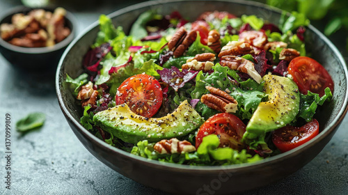 Obraz na płótnie Fresh GLP-1-inspired salad with avocado and nuts on a minimalist kitchen counter with natural light w salonie