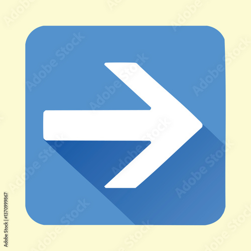 Right arrow icon with long shadow on a square blue background