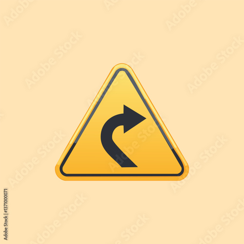 Road sign indicates a right turn ahead, yellow warning on peach background