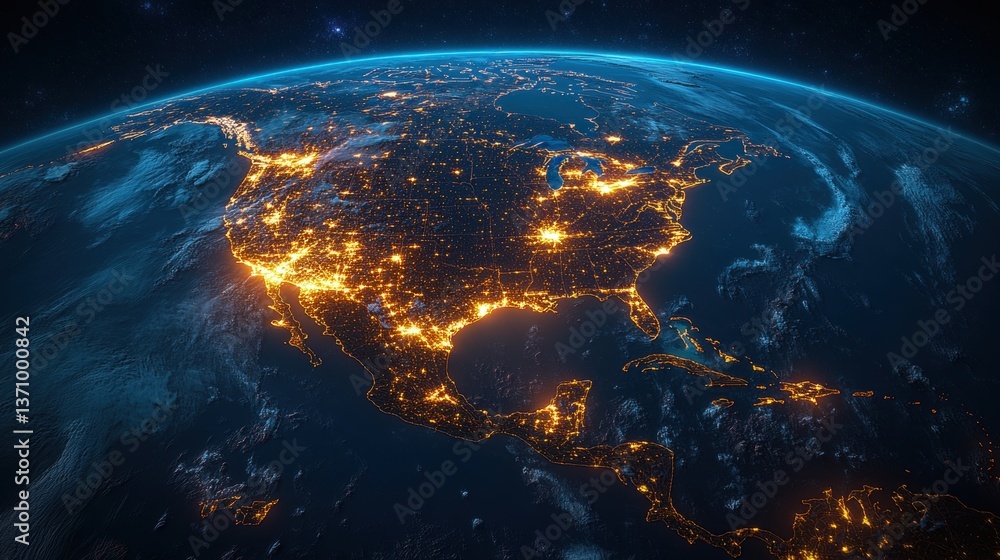 Fototapeta premium Nighttime aerial view of north america with city lights illuminated from space