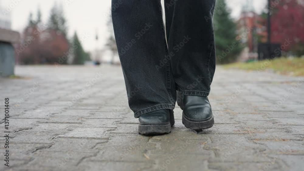 Close up of person's black trousers and black boots walking slowly toward camera on paved urban path, face not visible, capturing detail of steps and movement on cloudy chilly autumn day outdoors Close up of person's black trousers and black boots walking slowly toward camera on paved urban path, face not visible, capturing detail of steps and movement on cloudy chilly autumn day outdoors