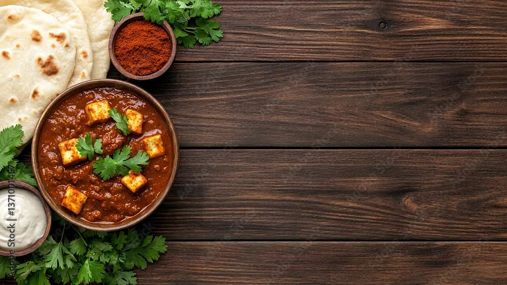 Delicious Indian curry with paneer served in a bowl, accompanied by bread and spices on a wooden table Delicious Indian curry with paneer served in a bowl, accompanied by bread and spices on a wooden table