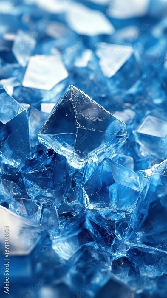 Crystal-like blue pieces scattered on a reflective surface with natural light illuminating their edges Crystal-like blue pieces scattered on a reflective surface with natural light illuminating their edges