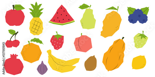 Fruit collection in paper cut style. Vector fruits icon set isolated on white background