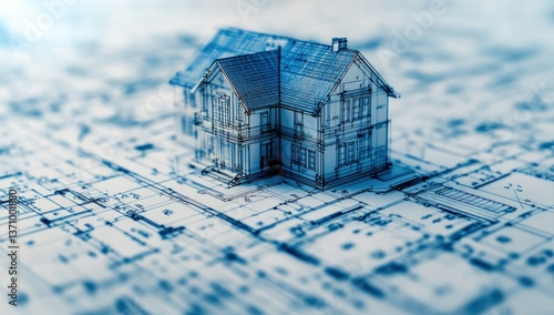 Architectural House Model on Blueprint: A Vision of Home Design
