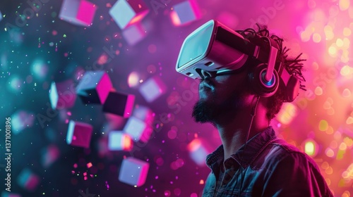 Immersive Virtual Reality Experience: A Man Explores a Neon Metaverse
