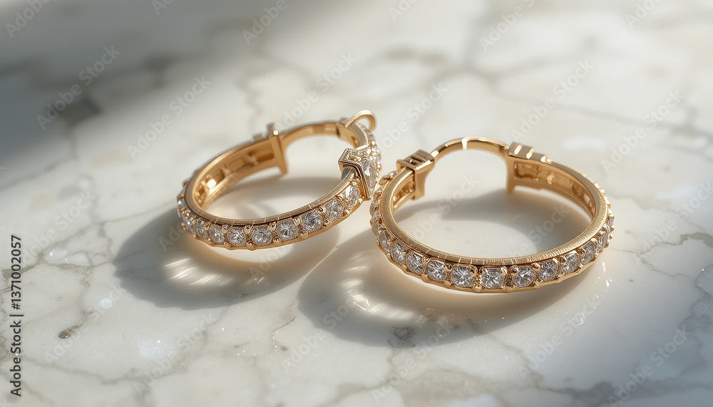 Elegant gold hoop earrings adorned with sparkling diamonds, resting on marble surface, radiating luxury and sophistication. Perfect for special occasions or everyday wear Elegant gold hoop earrings adorned with sparkling diamonds, resting on marble surface, radiating luxury and sophistication. Perfect for special occasions or everyday wear