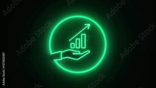 Neon Green Hand with Growing Bar Graph - Financial Growth Icon.