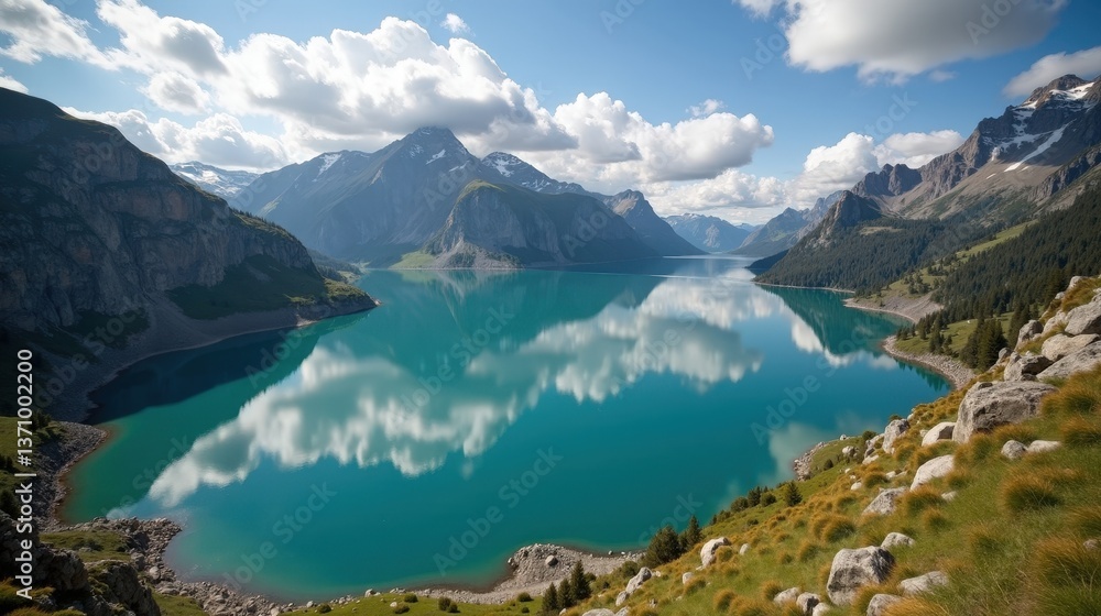 Fototapeta premium A detailed photo of Lake Silvaplana in Switzerland, Europe, during mid-day with cloudy weather, captured from an overhead view showing expansive water and mountain scenery.
