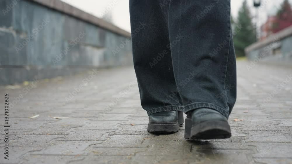 Close up of someone's black trousers and black boots walking slowly toward camera on wet paved urban path, face not visible, capturing motion of steps and rainy atmosphere in quiet autumn setting Close up of someone's black trousers and black boots walking slowly toward camera on wet paved urban path, face not visible, capturing motion of steps and rainy atmosphere in quiet autumn setting