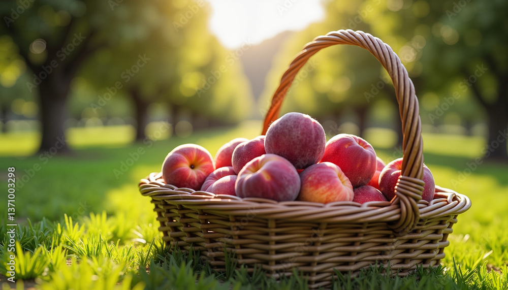 Picking fruit in orchard: Close-up of a woven basket filled with peaches, with blurred peach trees in the background Picking fruit in orchard: Close-up of a woven basket filled with peaches, with blurred peach trees in the background