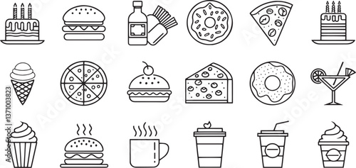 Food and drinks line web icons. Restaurant, Fast food. Editable Stroke Vector"