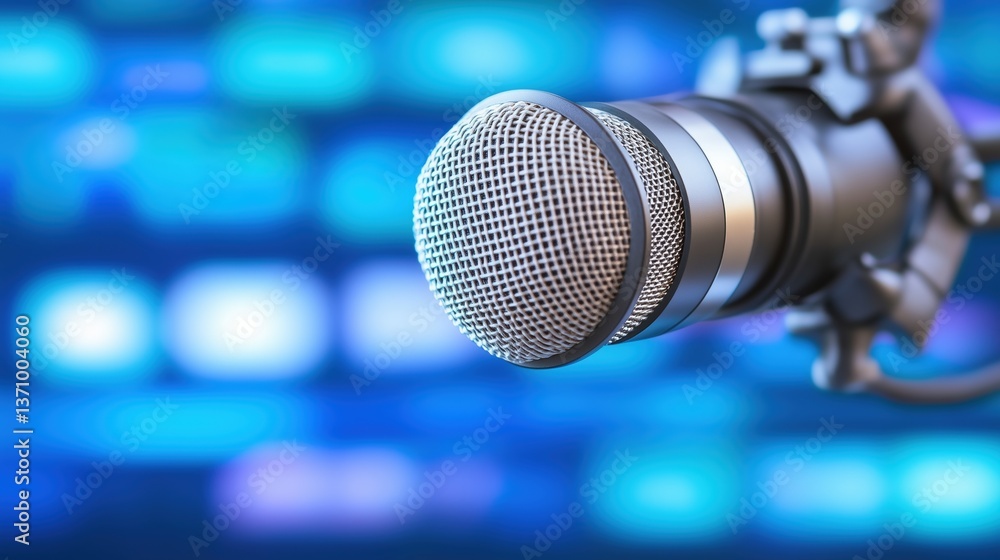 Close-up of professional podcast microphone with blurred blue background Close-up of professional podcast microphone with blurred blue background