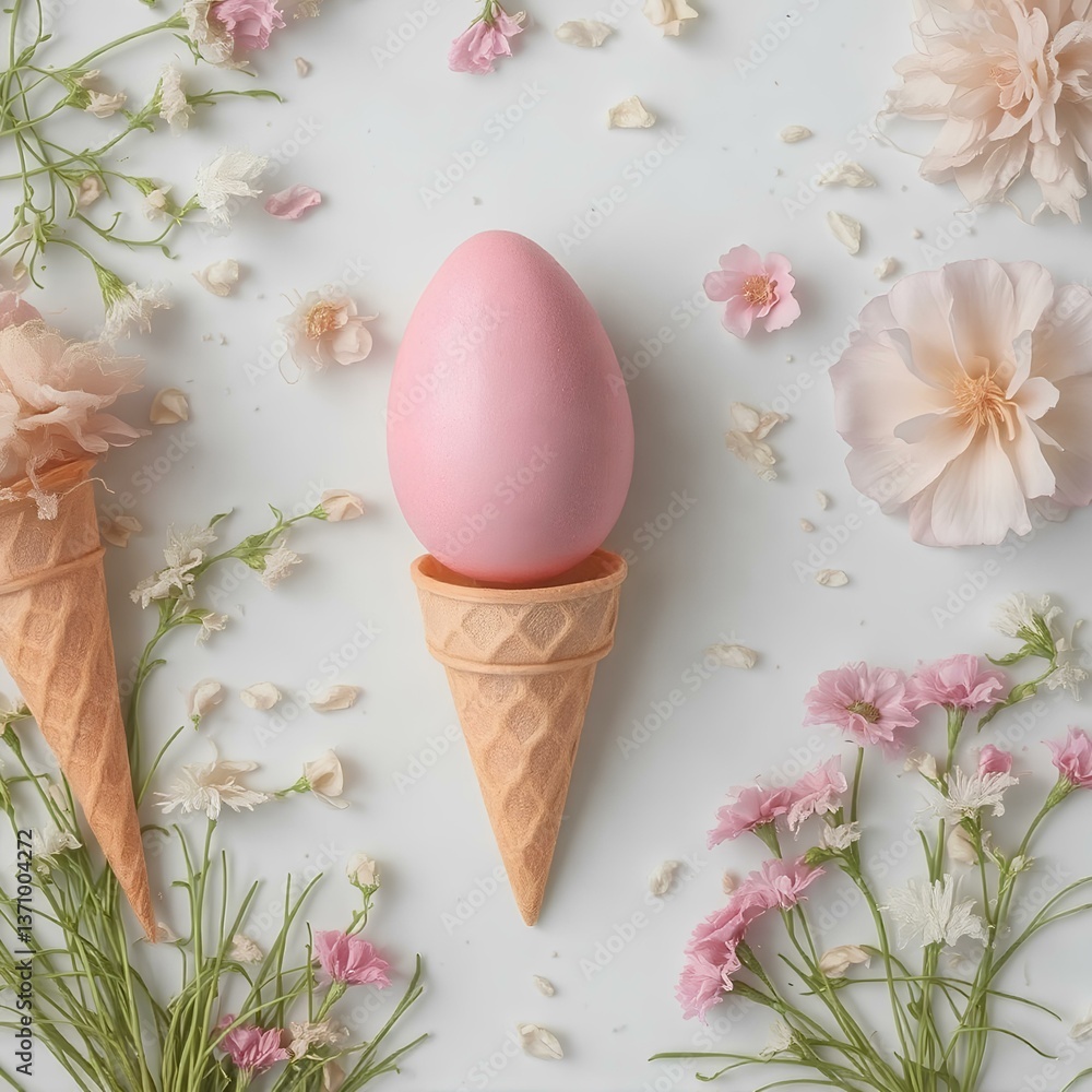 Flat lay Easter eggs in ice cream cone. Flat lay Easter eggs in ice cream cone.