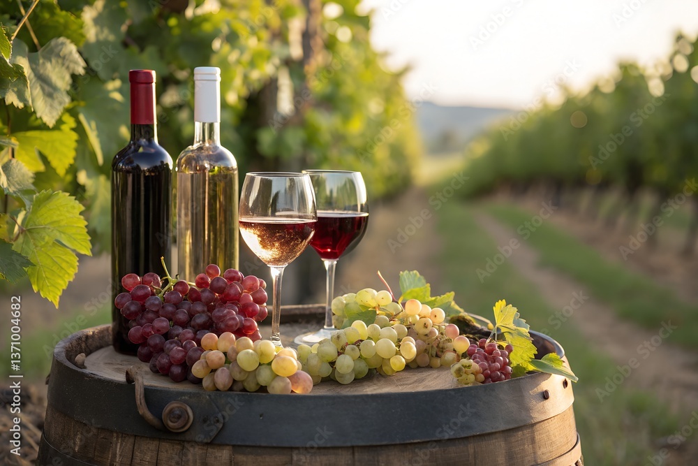 Fototapeta premium Red wine and grapes. A bottle of red wine with a white label and an empty glass next to it on a wooden barrel with cheeses and grapes on the background.
