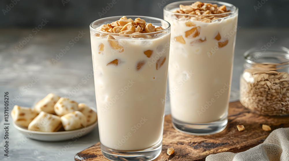 Refreshing Horchata de Chufa Beverage with Tasty Toppings in Clear Glasses Refreshing Horchata de Chufa Beverage with Tasty Toppings in Clear Glasses