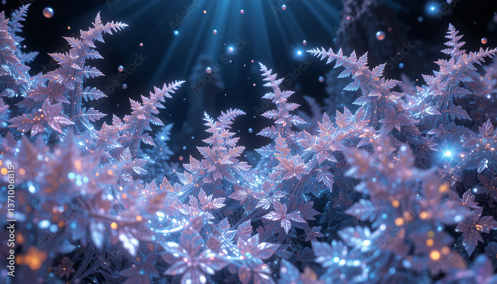Fototapeta premium serene and enchanting scene of shimmering foliage illuminated by soft blue light, creating magical atmosphere in forest setting. delicate leaves glisten with dew, enhancing tranquil beauty