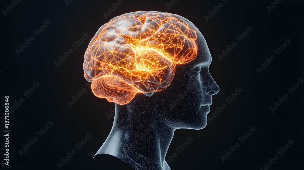 Digital Illustration Of A Human Brain Profile With Orange Glow Digital Illustration Of A Human Brain Profile With Orange Glow