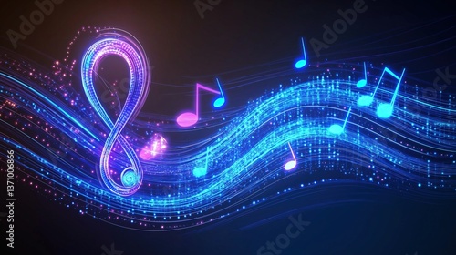 A vibrant neon blue and purple treble clef with glowing, dynamic musical notes flowing like a wave. The futuristic light trails create a mesmerizing energy against a dark gradient background.