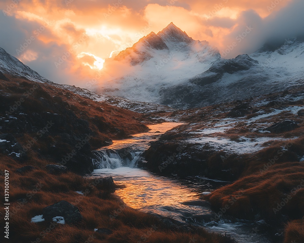 Naklejka premium Mountain Stream Sunset, Snowy Peaks