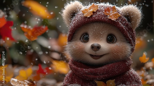 A fluffy, snow-dusted bear, sporting a cozy sweater and a playful smile, is ready to be colored on a winter-themed coloring page. 