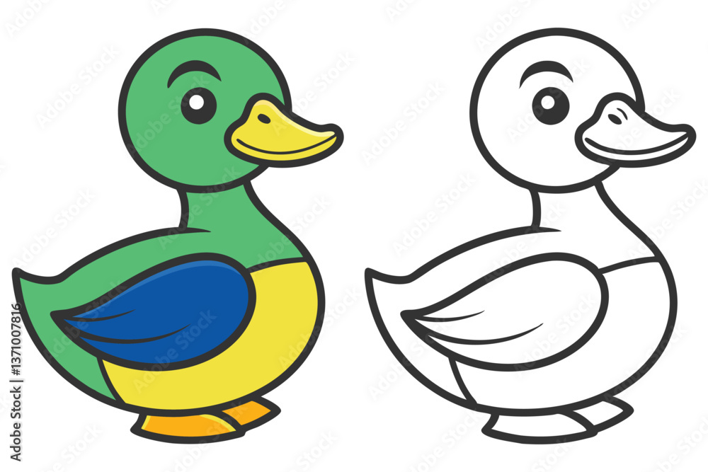 Obraz premium Cartoon Duck Illustration, Half Colored Half Outline, Playful Isolated Icon Design