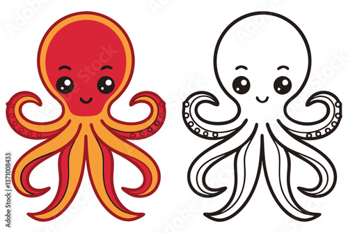 Cute Cartoon Octopus with Smiling Face and Line Art Version Design