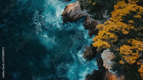 Wallpaper Mural Aerial view of ocean waves crashing against rocky, tree-lined coastline. Torontodigital.ca