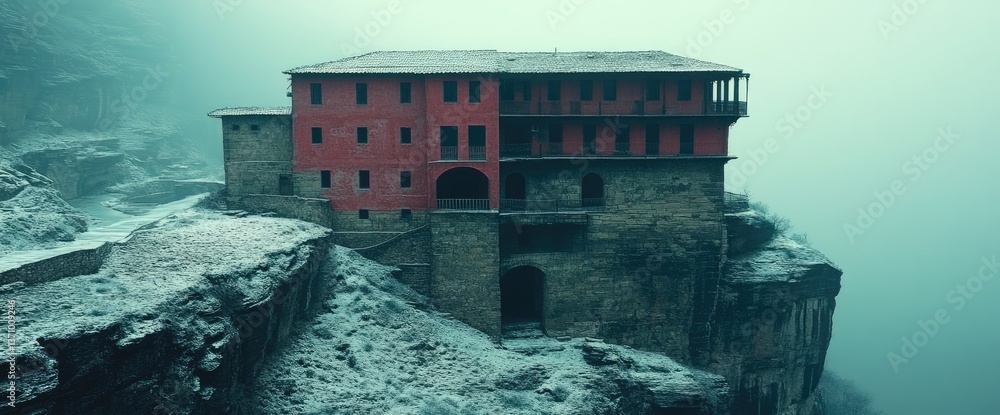 Naklejka premium Red-roofed building sits atop a rugged cliff shrouded in mist, blending nature and architecture