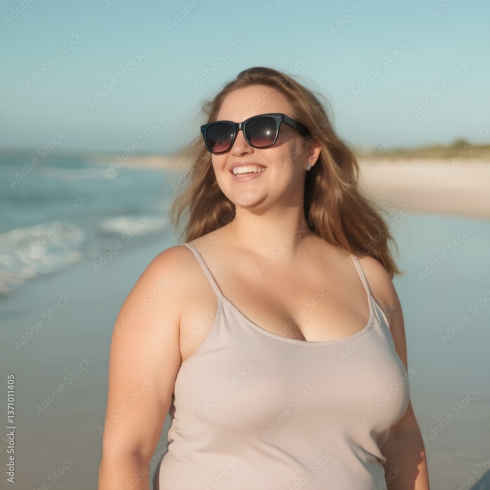 Happy Beautiful plus size woman in bathing suit at the beach wearing sunglasses. Happy Beautiful plus size woman in bathing suit at the beach wearing sunglasses.