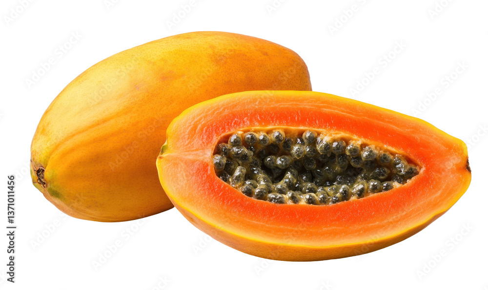 Freshly cut papaya showcasing vibrant orange flesh and black seeds Freshly cut papaya showcasing vibrant orange flesh and black seeds
