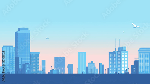 Modern Urban Cityscape Vector, Sunrise over City Skyline, Minimalist Flat Design Illustration for Urban Planning, Architecture, and Real Estate Concepts