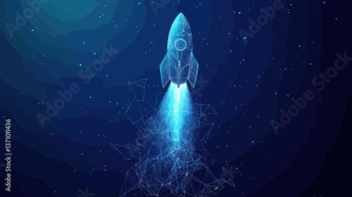 Abstract Rocket Launch Wireframe Vector of Spaceship Flying Into Space for Business Development and Boosting Concept on Technological Blue Background