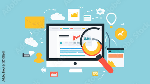 Modern Flat Design Concept of Website SEO Optimization Improving Search Results with Various Icons
