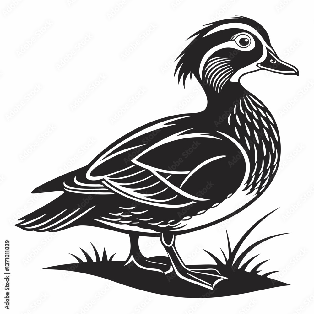 Naklejka premium Mandarin duck black silhouette icon vector