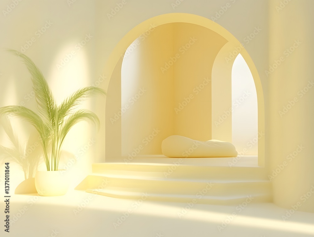 Serene Minimalist Interior with Archways and Plant Serene Minimalist Interior with Archways and Plant