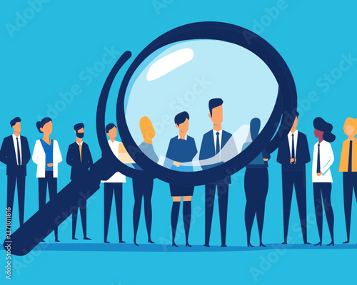 HR Recruitment Concept - Employer with Magnifying Glass Searching for Best Candidate Among Interviewees - Flat Minimalist Vector Illustration