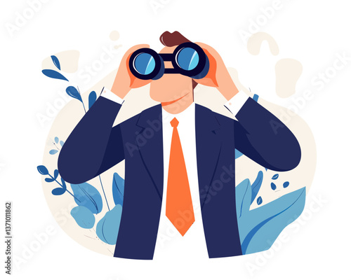 Businessman Searching for Job Candidates with Binoculars in a Flat Minimalist Style for HR Recruitment and Career Opportunities Concept