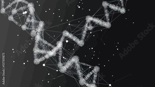 Grey DNA strands with polygonal lines on black background, connecting dots and lines in low poly vector, minimalist DNA structure with abstract science background for genetics and molecular research.