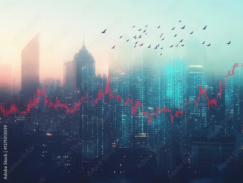 Obraz premium A cityscape with red stock market graphs overlaid and birds flying above, symbolizing finance in an urban environment.