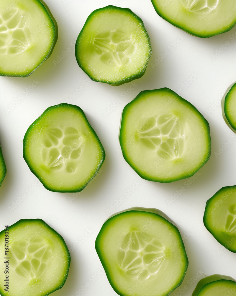 A highly detailed image of sliced cucumber pieces, isolated on a clean white or neutral background. A highly detailed image of sliced cucumber pieces, isolated on a clean white or neutral background.