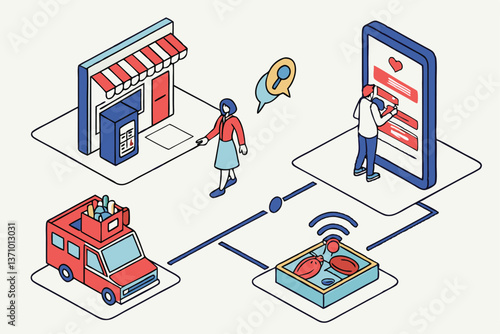67 Isometric illustration, online services, smartphone apps, digital lifestyle, virtual fitness trainer, remote education, online shopping, food delivery, ride-hailing, virtual doctor consultation, e-