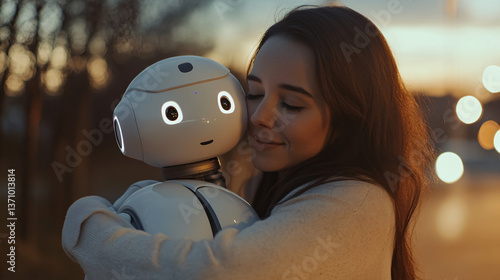 Young woman hugging friendly robot companion at sunset