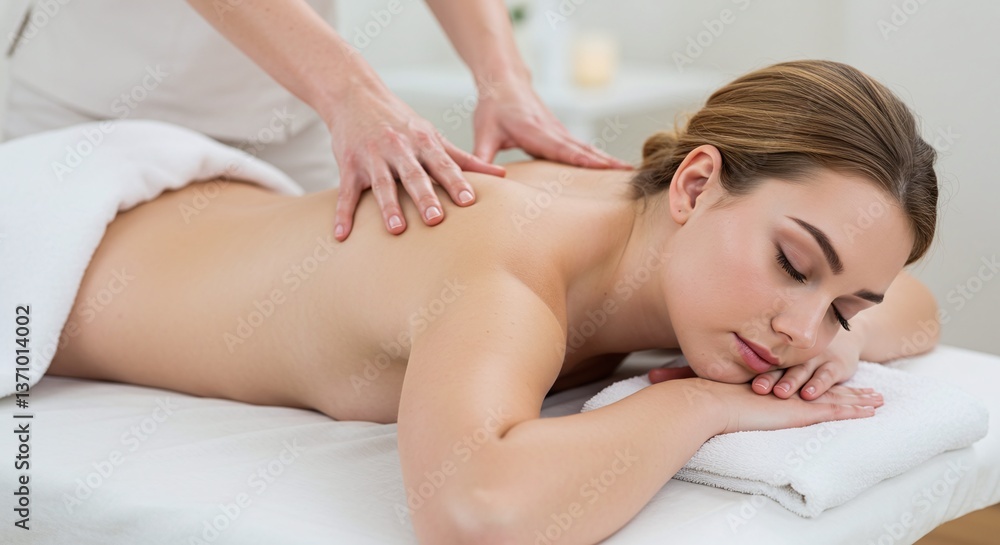 Relaxation and Rejuvenation: A woman lies in serene tranquility, receiving a therapeutic back massage in a spa setting, emphasizing wellness and stress relief. Relaxation and Rejuvenation: A woman lies in serene tranquility, receiving a therapeutic back massage in a spa setting, emphasizing wellness and stress relief.