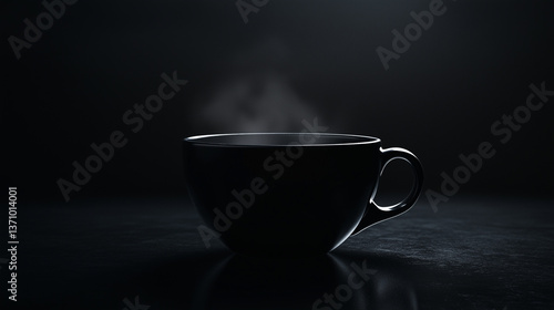 Wallpaper Mural A close-up shot of a black coffee cup with glossy reflections, placed on a sleek black surface. Soft lighting highlights the rising steam, creating a minimalist and modern aesthetic.  
 Torontodigital.ca
