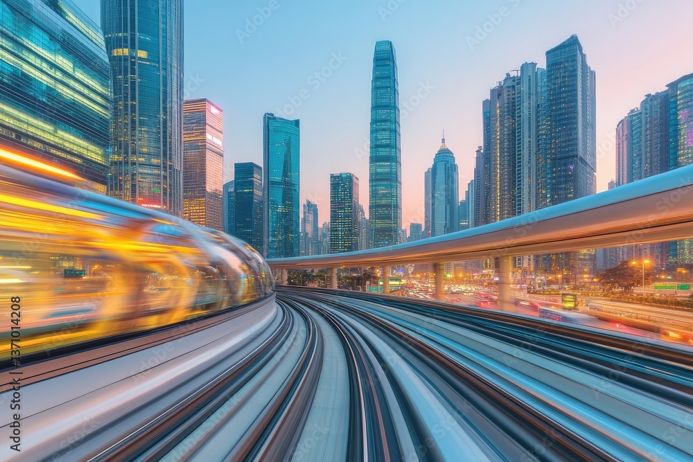 Fototapeta premium Fast train blurs past city skyscrapers at dusk. Concrete tracks curve, modern buildings rise
