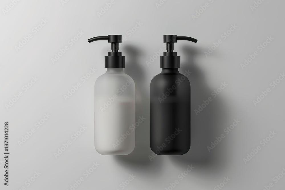 Black and white pump bottles stand side-by-side against a simple light grey background Black and white pump bottles stand side-by-side against a simple light grey background