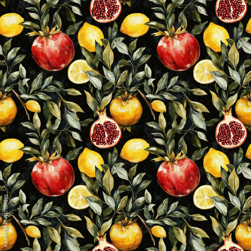 Dark Citrus Bloom: Watercolor Pomegranate & Lemon Pattern