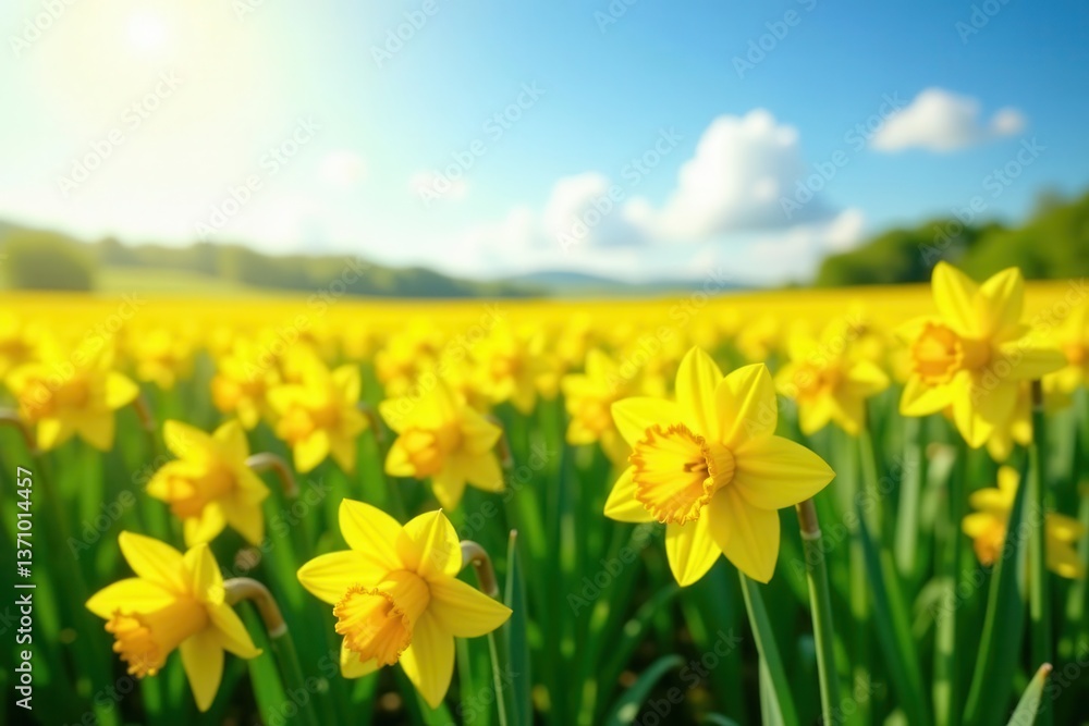 Fototapeta premium Expansive field of daffodils, bright yellow hues, sunny spring day, beauty, springtime
