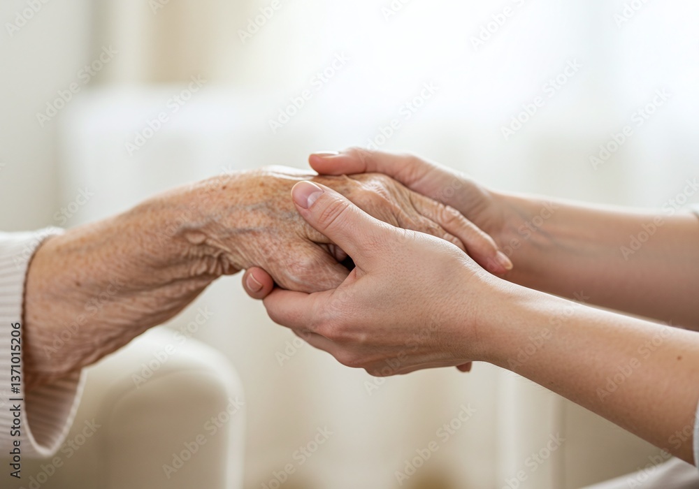 Fototapeta premium Empathy & Support: A younger hand gently holds an older hand, symbolizing care, comfort, and the bonds of connection. The photo evokes themes of aging, compassion, and human support.